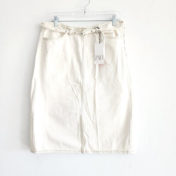 Zara White Denim Belted Midi Pencil Skirt with Pockets and Back Slit Size Large - Picture 2 of 4